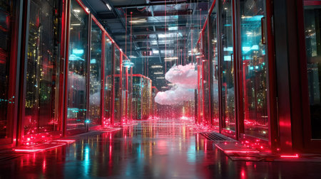 This captivating image showcases a futuristic data center illuminated with vibrant neon lights reflecting off modern surfaces, creating a unique digital atmosphere.の素材