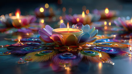 This captivating image features colorful floral lanterns with flickering flames, creating a serene ambiance perfect for celebrations, meditation, or peaceful gatherings.の素材