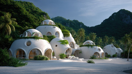 This image showcases a captivating cluster of eco-friendly dome houses, beautifully integrated with nature, surrounded by gentle hills and lush greenery, perfect for a tranquil getaway.の素材
