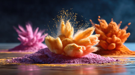 This captivating image features a stunning array of colorful powders bursting in elegant displays, showcasing intricate textures and artistic flair against a dark backdrop.の素材