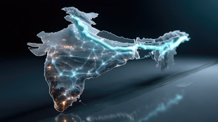 A striking digital illustration showcasing the map of India illuminated with vibrant lights, symbolizing advanced connectivity and technological growth across the nation.の素材
