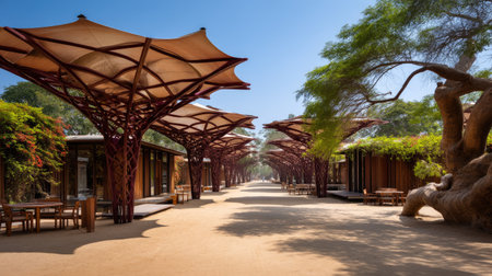 This image features a striking outdoor architectural design with unique canopy structures providing shade. The inviting pathway is lined with trees and wooden elements, creating a harmonious blend between nature and modern living.の素材