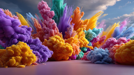 A stunning digital artwork showcasing an explosion of vibrant smoke clouds in a fluid abstract design. This colorful composition evokes emotion and creativity.の素材