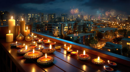 A stunning scene showcasing a Diwali celebration with colorful diyas and candles illuminating a balcony while fireworks light up the city skyline at night.の素材