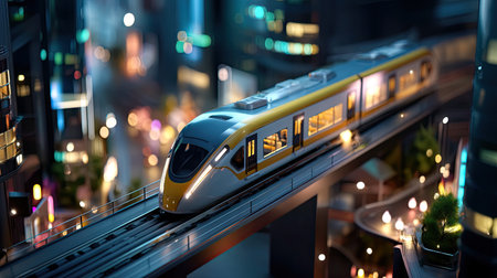 A sleek modern train moves effortlessly through a vibrant urban landscape at night, showcasing illuminated buildings and a dynamic city atmosphere.の素材