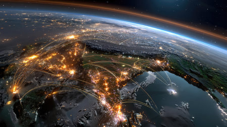 Captivating satellite image of Earth at night showcasing North America with a network of glowing city lights and data connections.の素材