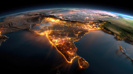This stunning aerial view captures India at night, showcasing vibrant city lights illuminating urban areas and the serene natural landscapes from space.の素材