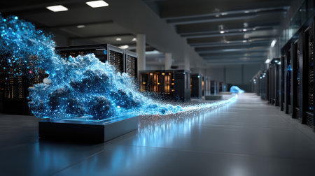 This high-tech image illustrates a dynamic blue data stream flowing through a modern server room, symbolizing digital transformation and innovation in technology.の素材