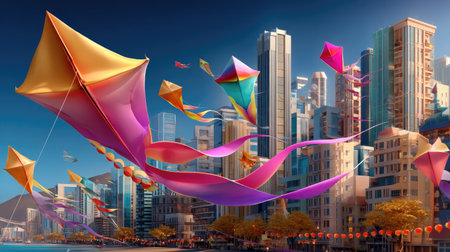 A stunning urban landscape captures colorful kites soaring over a modern skyline during sunset. The vibrant scene evokes joy and celebration.の素材