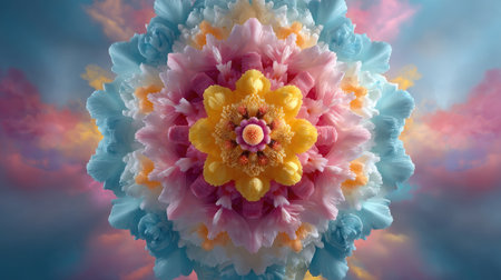 This digital artwork features a mesmerizing kaleidoscopic flower mandala with soft pastel tones and intricate swirling patterns, evoking a sense of calm and wonder.の素材