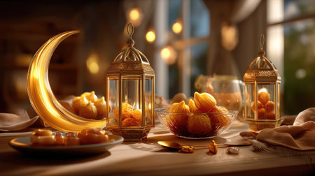 A beautifully designed table setting featuring a gleaming crescent and lanterns, surrounded by delectable sweets, captures a warm and inviting atmosphere perfect for festive cultural celebrations.の素材