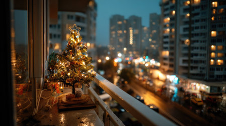 A cozy balcony adorned with a glowing Christmas tree, illuminated against a backdrop of city lights at dusk, creating a festive winter atmosphere.の素材