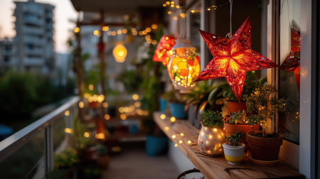 A beautifully arranged balcony showcasing colorful lanterns and warm fairy lights, evoking a cozy and inviting atmosphere perfect for evening relaxation.の素材