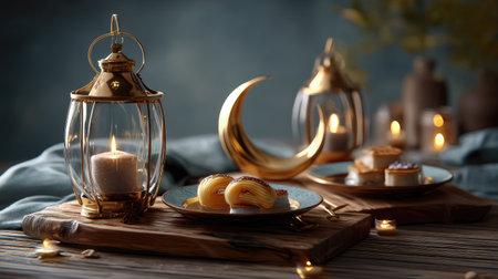 A beautifully arranged Ramadan table featuring a glowing lantern, crescent moon decoration, and an array of sweet treats, creating a warm and inviting festive atmosphere.の素材