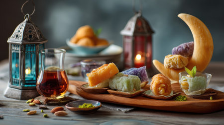 A vibrant display of assorted traditional Asian desserts, highlighting unique colors and textures, paired with a warm glass of tea in a cozy setting.の素材