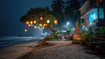 A serene night beach scene featuring colorful lanterns hanging from trees, festive decorations, and gentle waves lapping at the shore, creating a peaceful atmosphere.の素材