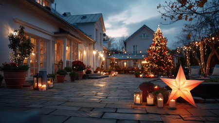 A charming outdoor patio adorned with festive Christmas decorations, twinkling lights, and a beautifully lit tree, creating a warm and inviting ambiance at dusk.の素材