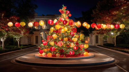 This enchanting Christmas tree stands adorned with vibrant red and yellow ornaments, glowing lights, and festive decorations, creating a joyful winter atmosphere.の素材