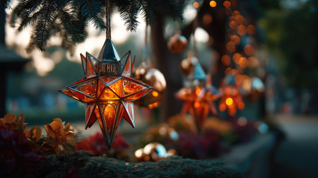 A stunning close-up of glowing star decorations, radiating warmth and festive cheer in a beautifully lit holiday scene, perfect for seasonal celebrations.の素材