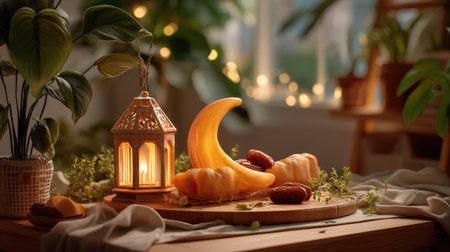 A captivating still life composition featuring a beautifully illuminated lantern, crescent moon decor, and fresh dates, all amidst lush greenery, evoking warmth and serenity.の素材