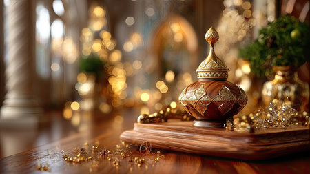 A stunning ornate decorative container sits elegantly on a wooden surface, surrounded by soft golden lights, creating a warm festive atmosphere ideal for celebrations.の素材