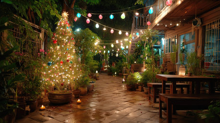A charming outdoor scene captured during the holiday season, featuring a beautifully decorated Christmas tree surrounded by twinkling lights amidst vibrant greenery.の素材
