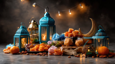 This captivating image features a beautifully arranged table with colorful sweets, festive lanterns, and decorative elements, perfect for cultural celebrations.の素材