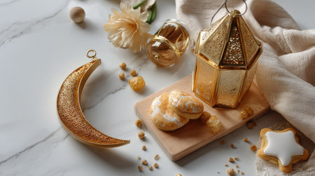 A beautiful arrangement of decorative items including a gold lantern, crescent pendant, and freshly baked treats on a marble surface, creating a warm and festive atmosphere.の素材