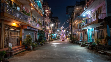 A serene street scene featuring a beautifully decorated Christmas tree illuminated with colorful lights, surrounded by charming urban houses.の素材