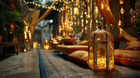 A serene and inviting indoor space featuring warm lights, decorated cushions, and enchanting lanterns, perfect for relaxation and inspiration.の素材