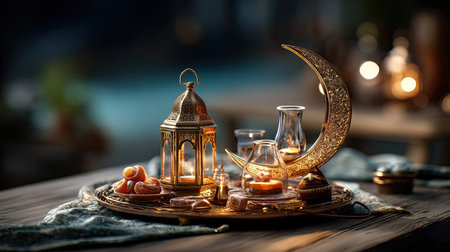 This beautiful arrangement features a decorative lantern and crescent moon, complemented by delicate candles and traditional sweets, creating a warm and festive atmosphere.の素材