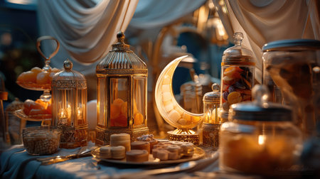 A beautifully arranged nighttime setting featuring glowing lanterns and an array of delightful desserts and fruits, creating a warm and inviting atmosphere perfect for gatherings.の素材