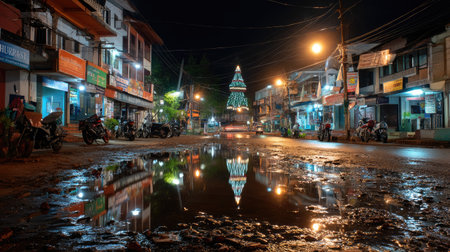 A captivating night view of a vibrant city street showcasing colorful lights and holiday decorations reflected in puddles, creating an artistic atmosphere.の素材