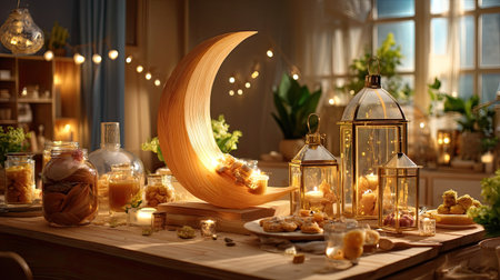 A beautifully styled table featuring a crescent moon centerpiece, elegant lights, and an array of sweet treats, creating a warm and inviting atmosphere for celebrations.の素材