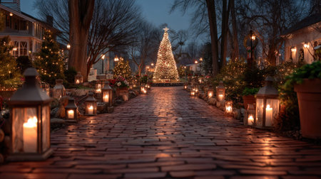 A picturesque nighttime scene showcases a brick pathway lined with glowing lanterns and adorned Christmas trees, creating a festive winter ambiance.の素材