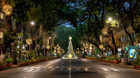 A serene urban street adorned with beautiful decorative lights and a towering Christmas tree, creating a festive atmosphere for holiday celebrations.の素材