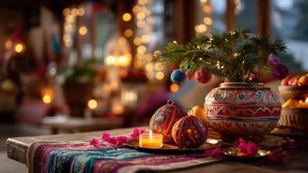 A beautifully arranged festive scene featuring an ornate pot, colorful ornaments, and warm lights, creating a cozy and joyful atmosphere for celebrations.の素材