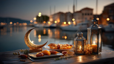 Captivating evening scene featuring crescent moon lanterns, glorious pastries, and a tranquil waterfront bathed in soft light, perfect for gatherings.の素材