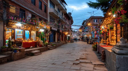 A tranquil evening street scene in a historic town, adorned with colorful lights and decorations. The empty pathways invite exploration.の素材