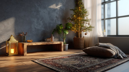 A cozy living space featuring minimalist decor with natural light, a decorative holiday tree, a warm lantern, and soft textiles, creating a serene atmosphere.の素材