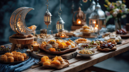 A beautifully arranged festive table showcases an array of Middle Eastern sweets, illuminated by soft lantern light, inviting guests to indulge in flavors and tradition.の素材