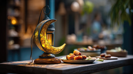 A beautifully crafted lantern in the shape of a moon casts a warm glow over an inviting table filled with delicious dates and festive treats.の素材