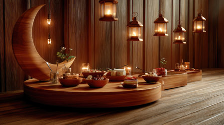 A beautifully arranged wooden dining setup featuring a crescent moon adornment and illuminated lanterns, creating a serene ambiance for gatherings.の素材