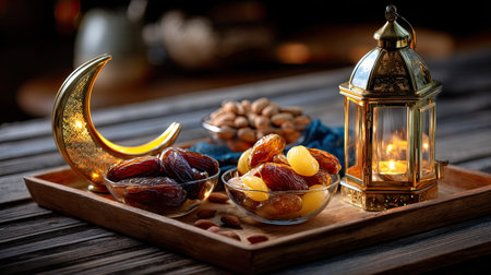 A beautifully arranged wooden tray features an assortment of dates and almonds beside a glowing lantern and decorative crescent moon, creating a warm, inviting atmosphere perfect for festive gatherings.の素材