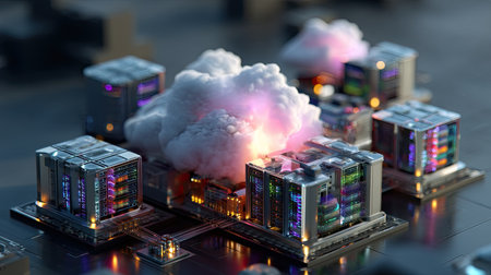 This vibrant digital artwork depicts a futuristic data center scene with colorful lights and clouds, embodying the essence of advanced technology and connectivity.の素材