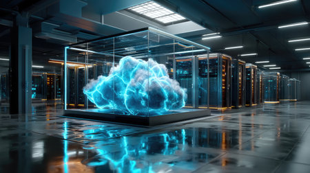 This image depicts a futuristic data center with a striking cloud technology visualization, showcasing advanced servers and modern architectural design.の素材