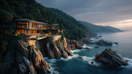 This breathtaking image showcases a luxurious modern villa perched on rugged rocks, overlooking tranquil ocean waters during a stunning sunset.の素材