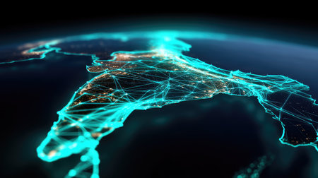 A captivating aerial view of India at night, showcasing vibrant city lights and intricate network connections, ideal for tech and travel themes.の素材