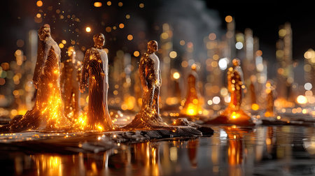 This captivating image showcases glowing figures emerging from a still surface against an illuminated urban backdrop, evoking a sense of mystery and creativity.の素材