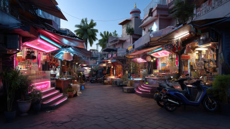 Discover a vibrant night market scene filled with colorful stalls, neon lights, and busy vendors, showcasing a unique urban shopping experience.の素材